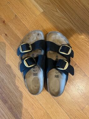 Birkenstock Black Double Strap Sandals with Gold Buckles